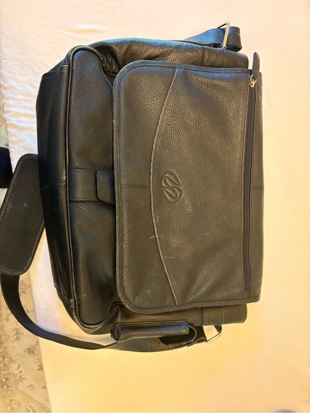 Black Leather Messenger Bag with Front Flap and Zip Pocket